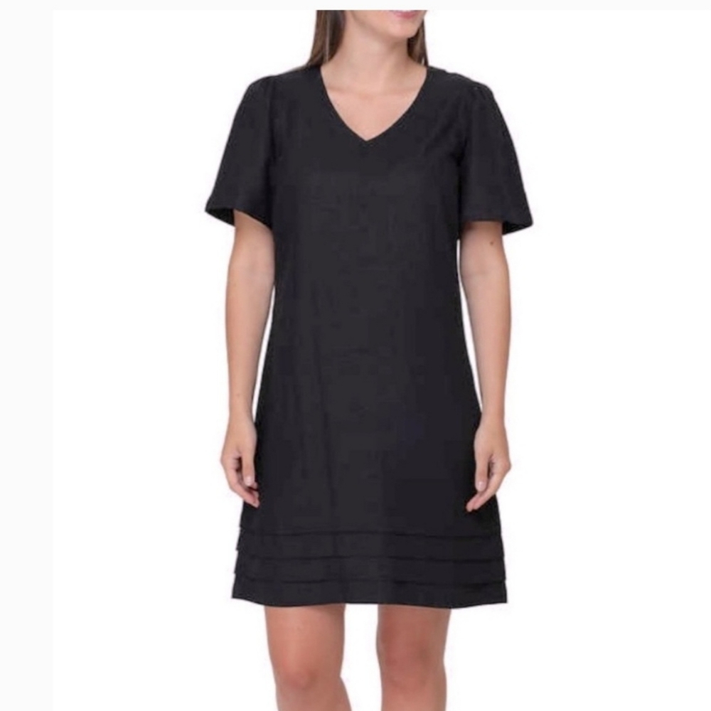 NEW Nicole Miller Ladies' Women Black V-Neck Linen Blend Shift Dress M